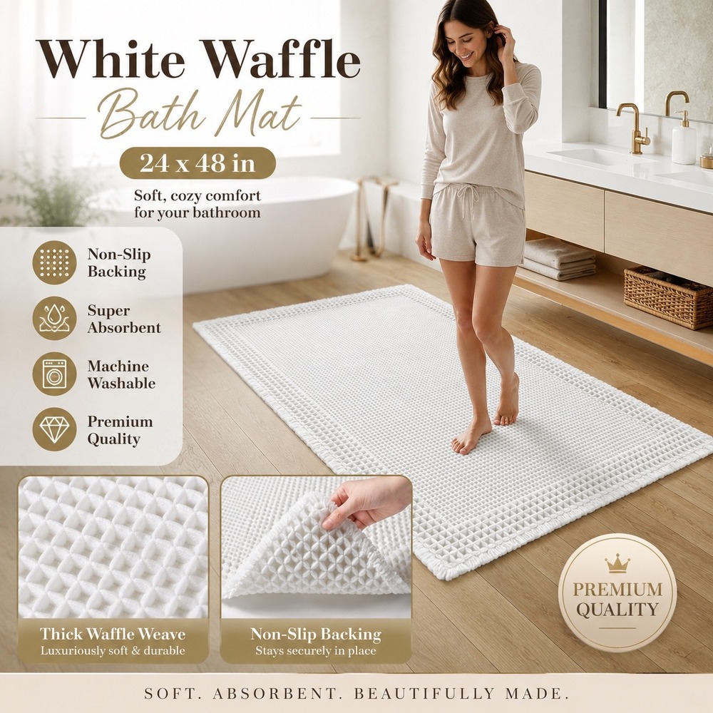 White Waffle Bath Mat 24x48 Non-Slip Absorbent Machine Washable Rug Luxury New